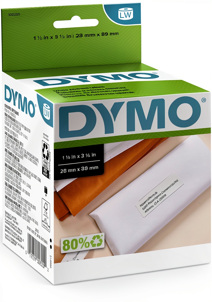 DYMO address labels on a desk with a label printer