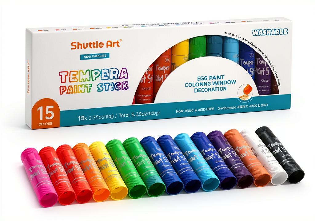 Shuttle Art Tempera Paint Sticks in 15 vibrant colors on a wooden table