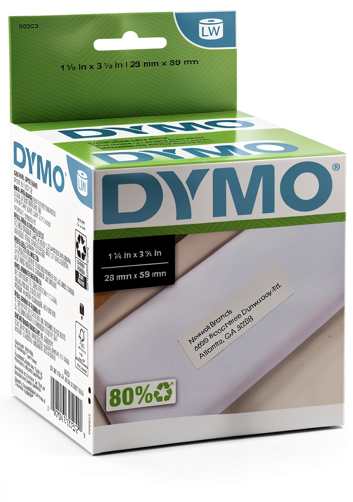 DYMO address labels on a desk with a label printer