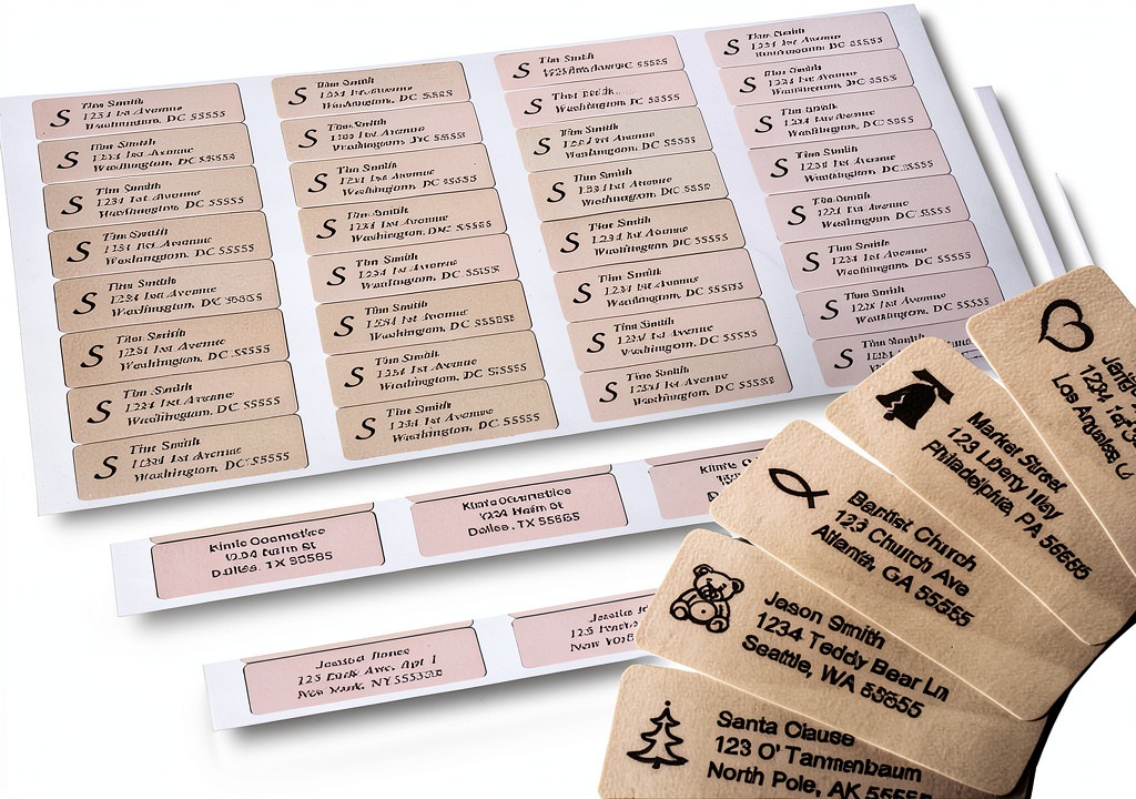 Silver address labels on a package with customized text