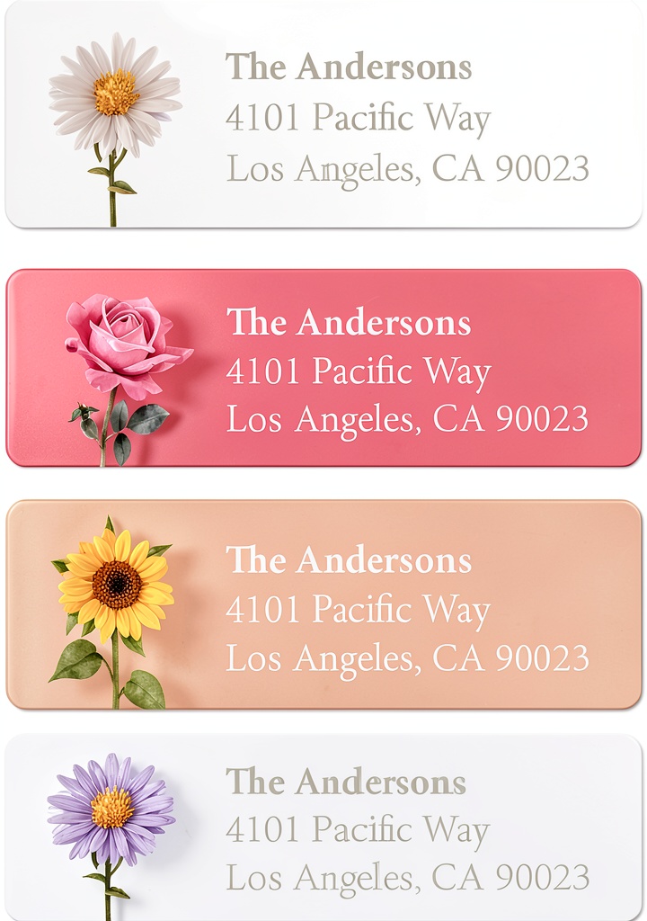 Installing Flower Address Labels Personalized Self Adhesive Made in USA on a wooden desk