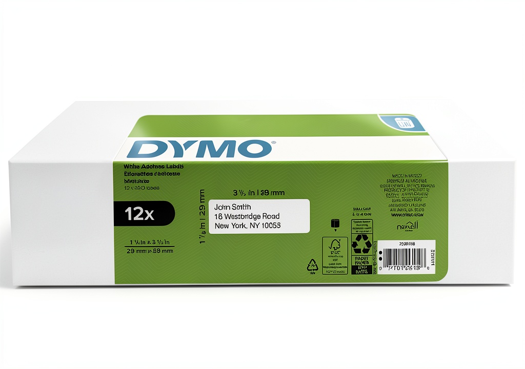 DYMO address labels on a desk with a label printer