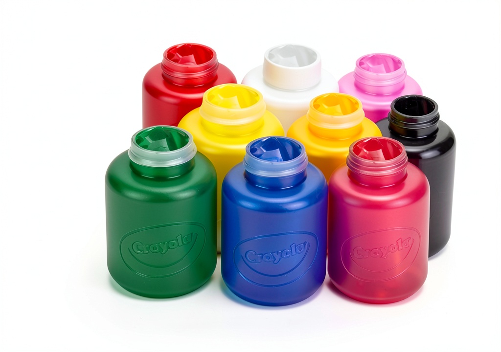 'Crayola Washable Kids Paint bottles displayed on a art table'