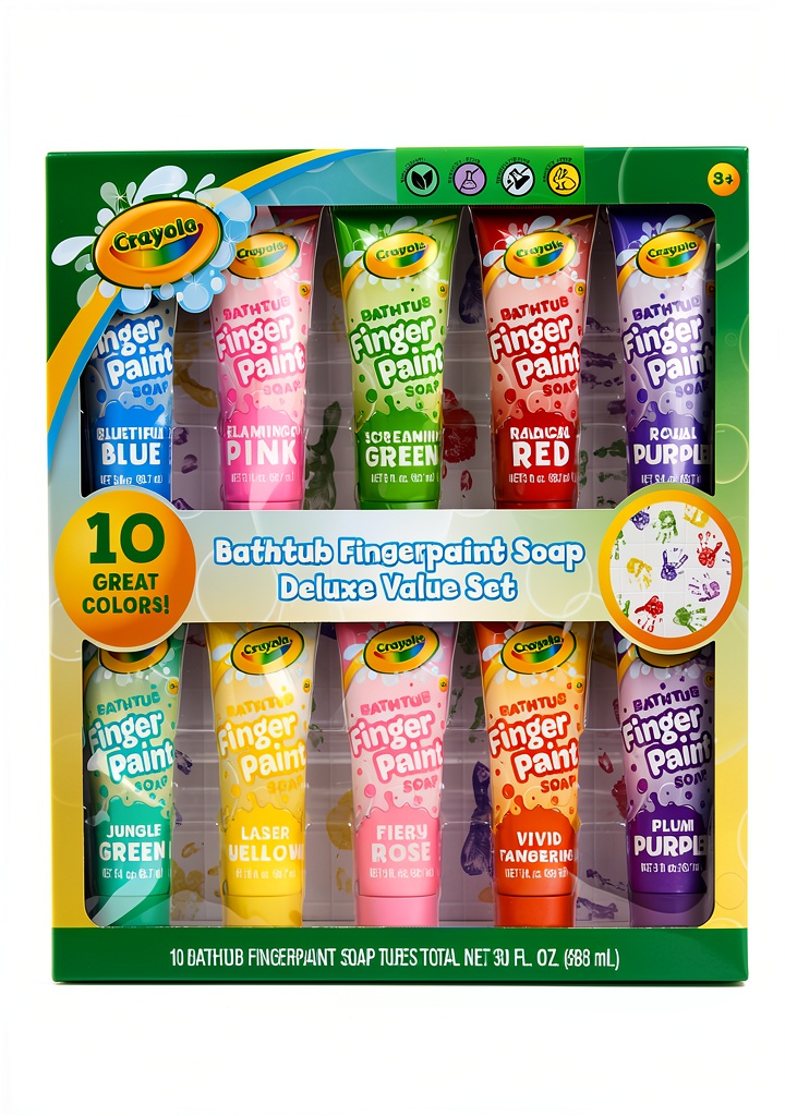 'Crayola Washable Bathtub Finger Paints colorful tubes displayed on a bathroom counter'