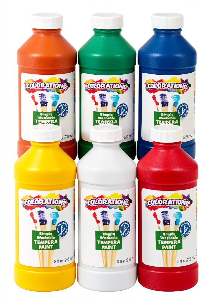 Colorations Washable Tempera Paint bottles in assorted colors on a craft table