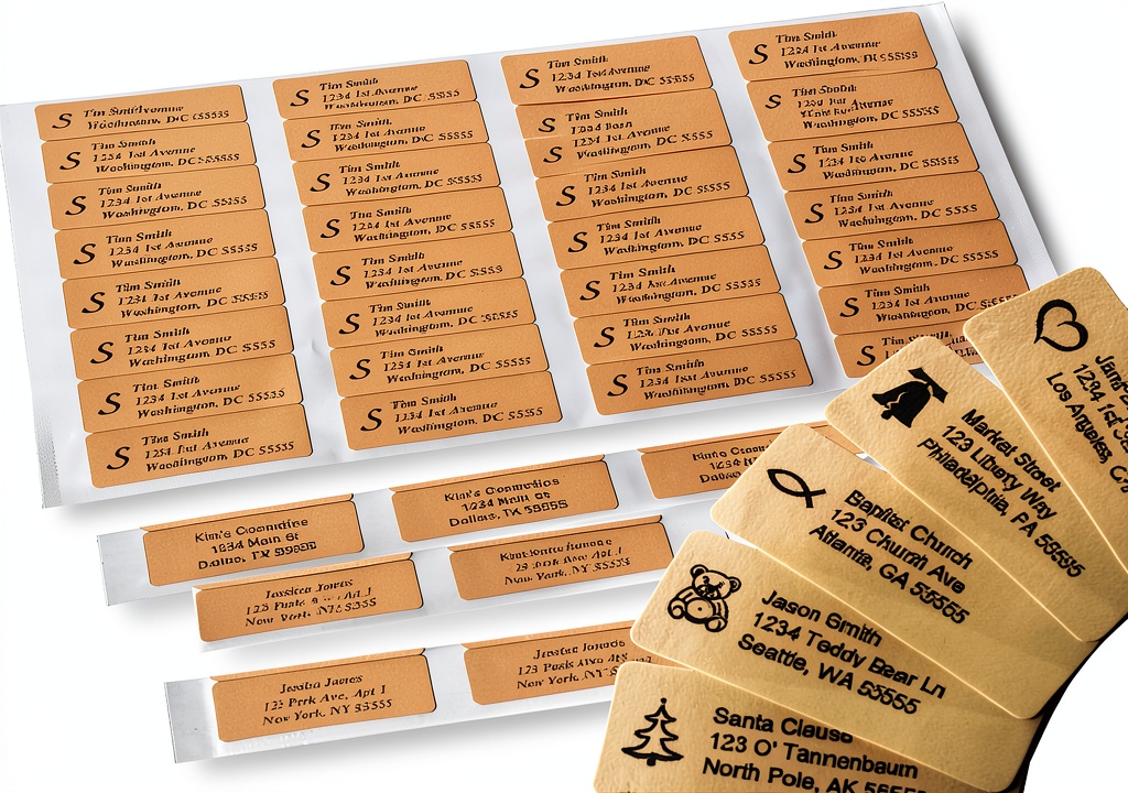 500Labels custom address labels in various colors and sizes displayed on a desk