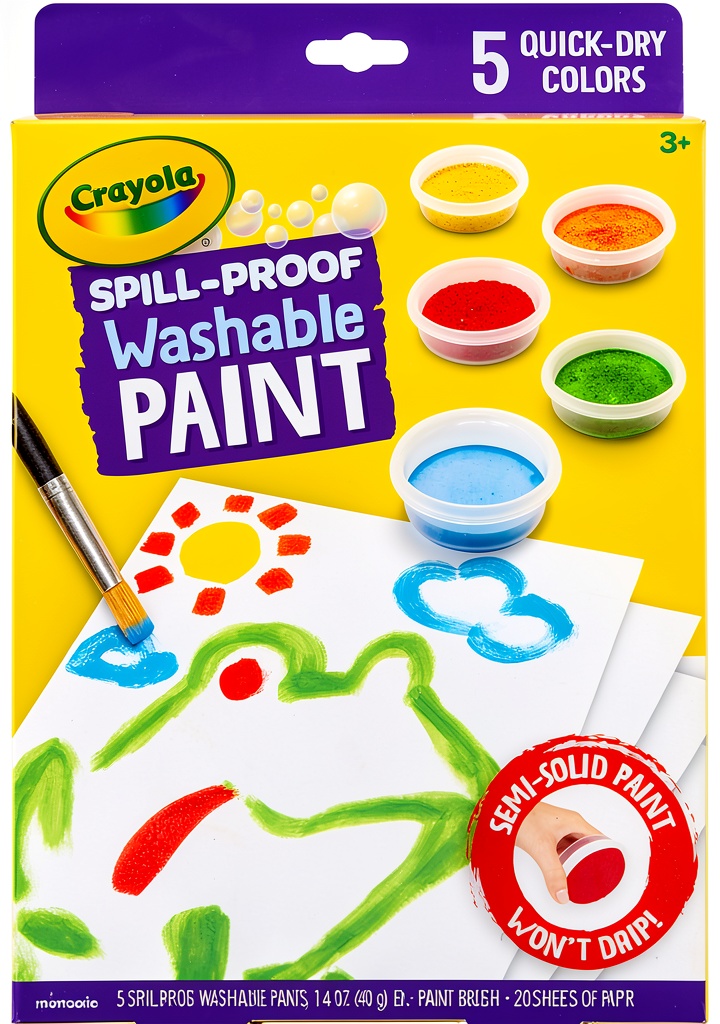 Crayola Spill-Proof Washable Paint Kit with open jars and paper on a table